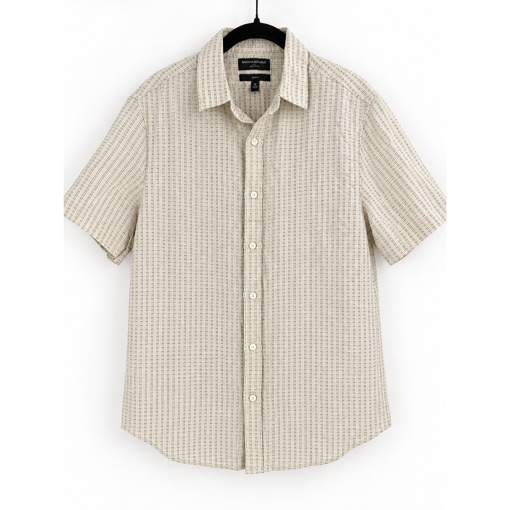 Banana Republic Shirt Mens M Beige Linen Cotton Slim Fit Short Sleeve Coastal